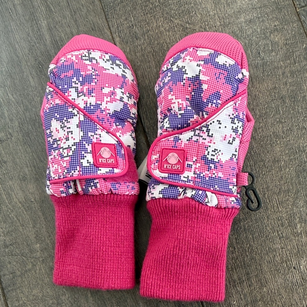 Pink and Purple Patterned Kids Mittens - perfect for skiing and snow play!